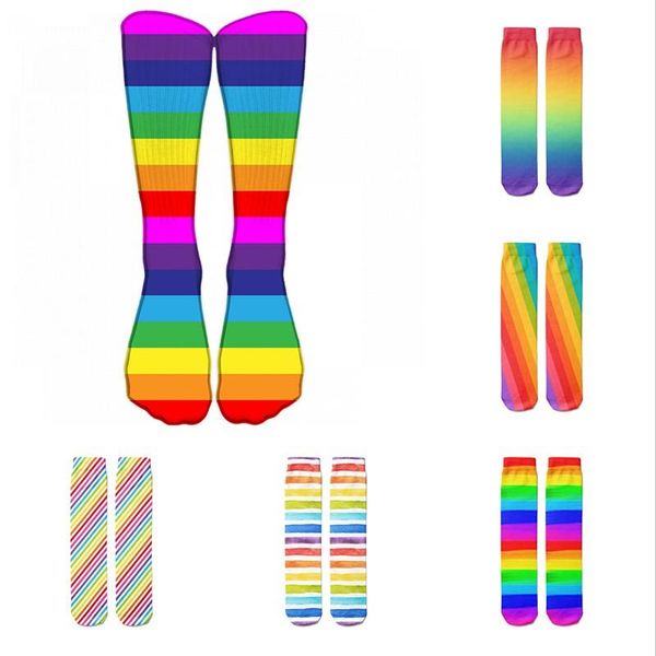 

colorful stripe printed socks for fashion funny rainbow cotton long cute harajuku women thigh high casual sports, Black