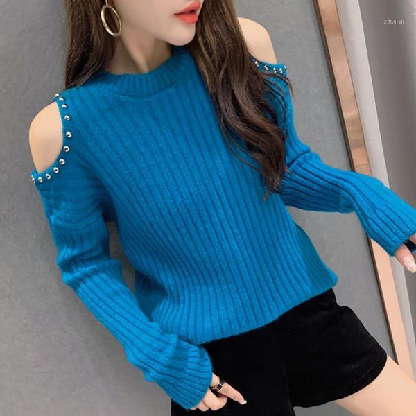 

#6204 purple green blue black orange off shoulder sweater women pullovers o neck knitted warm slim beading fashion women's sweaters, White;black