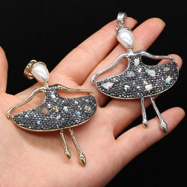 

charms cute girl metal alloy pendant shiny artificial diamonds pearl shell blue turquoises stone charm for jewelry making necklace, Bronze;silver