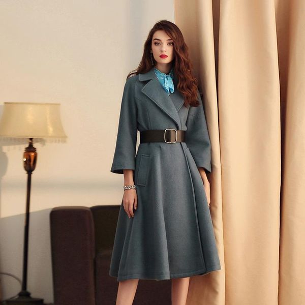 

women's wool & blends autumn and winter elegant ladies lapel self-cultivation waist smooth woolen smog blue temperament long coat, Black