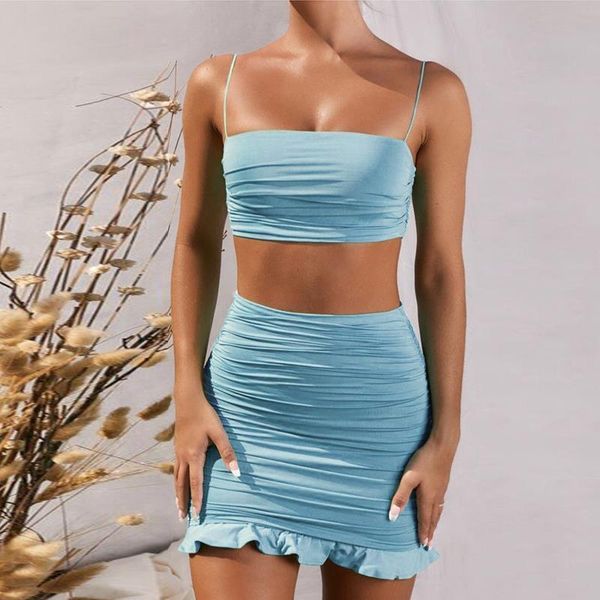 

2 piece set bodycon ruffles women tracksuits skirt 100% cotton sling tube short suits summer ruched casual beach party, Gray