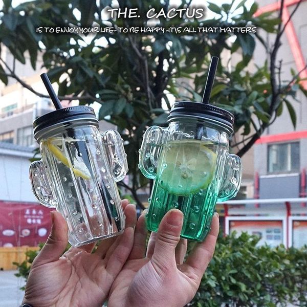 

mugs creative cactus style water bottles transparent jucier glasses milk bottle with a straw big size handy
