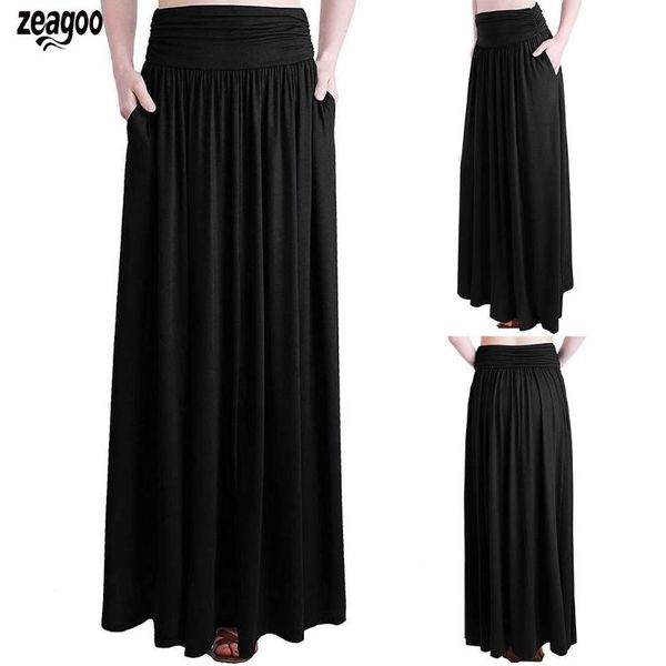 

skirts women casual chiffon long skirt elastic summer high waist loose solid fashion pleated, Black