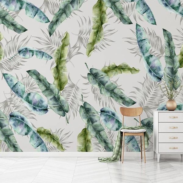 

wallpapers drop custom 3d wallpaper modern simple hand-painted green leaves murals study background wall painting sticker