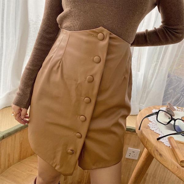 

skirts solid color women's mini skirt buttons a-line office lady short 2021, Black