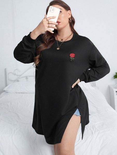 

plus rose patched detail slit hem drop shoulder sweatshirt 82yw#, Black
