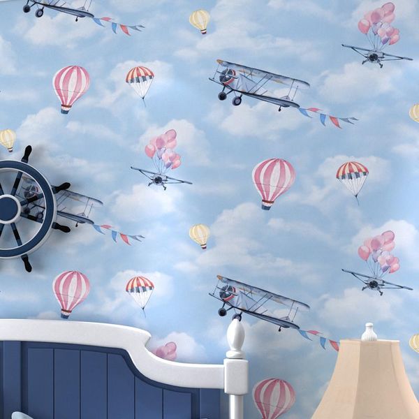 

wallpapers cartoon airplane air balloon blue sky white clouds children room wall paper boy girl teen bedroom nordic wallpaper