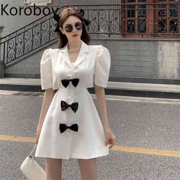 

korobov elegant blazer dress women bow puff sleeve a-line dresses female korean chic sweet mini vestidos femme summer dress 210430, Black;gray