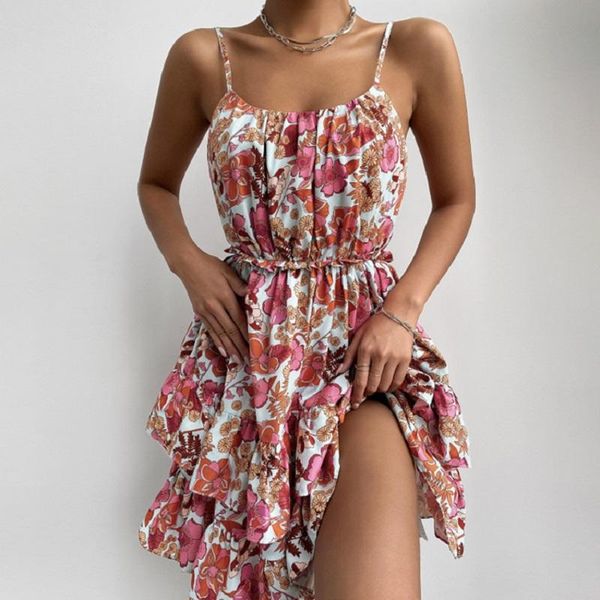 

casual dresses printing high waist strap tight loose dress women, Black;gray