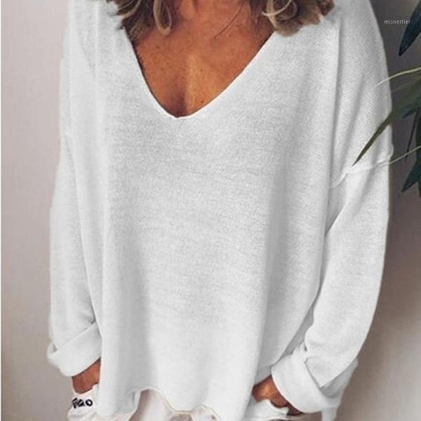 

women's t-shirt 2021 women v neck long sleeve t shirt casual loose solid color female autumn tee, White