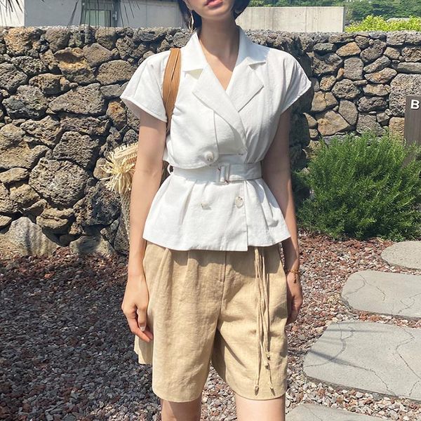 

summer 2 piece sets women chic double breasted lace up short sleeve blazer coat high waist pleated straight casual pants shorts women's, Gray