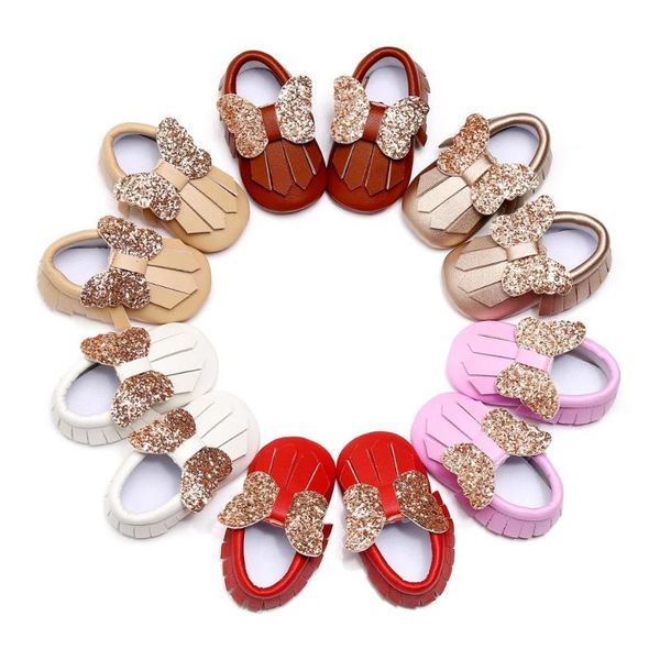 

first walkers hand-made baby moccasins big bow pu leather shoes tassel bling gold glitter soft bottom born girls