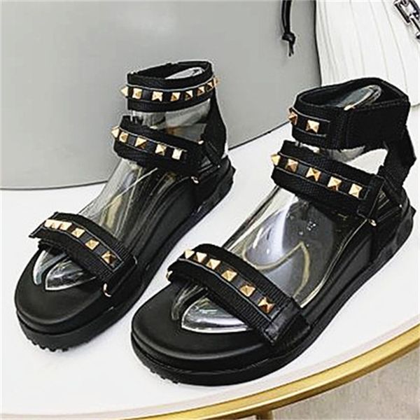 

summer 2021 women's elegant fashion buty damskie rivet design handsome trendy shoes flat thick bottom sandals british, Black