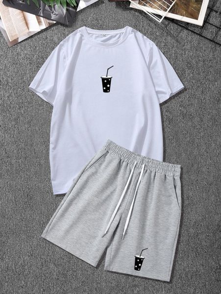 

men cup print tee & drawstring waist shorts p0dk#, Gray