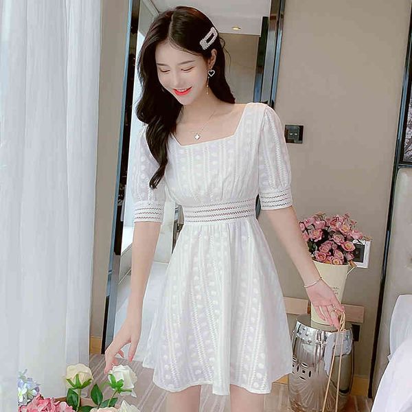 

fashion summer white puff sleeve dress women square collar hollow out dress sweet korea style office dress 210514, Black;gray