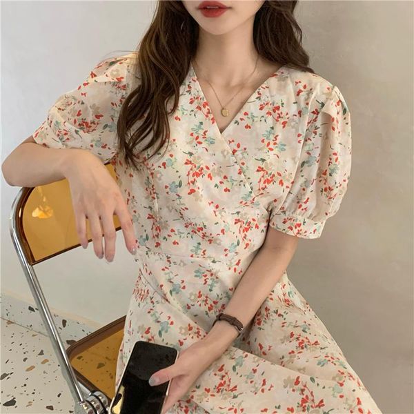 

casual dresses make firm offers chiffon temperament v-neck hubble-bubble sleeve dress han edition first love floral # 1466, Black;gray