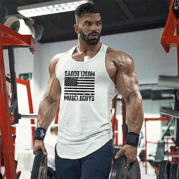 

muscleguys brand gyms clothing bodybuilding stringer tank men fitness sleeveless shirt men cotton undershirt workout vest 210421, White;black