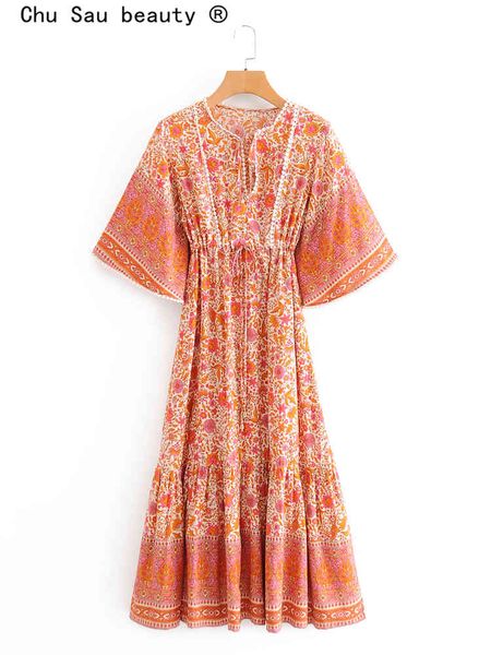 

beauty fashion boho vintage floral print maxi dress women holiday v-neck sashes loose summer ladies long 210514, Black;gray