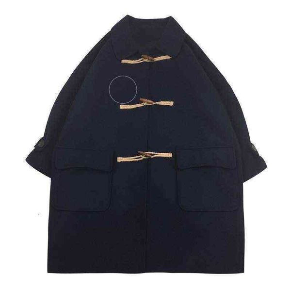 

woolen ox horn button female student coat 2021 autumn college wind long, Black