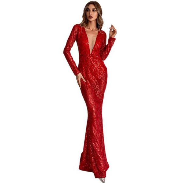 

casual dresses cultiseed european women deep v neck long sleeve slim waist sequined party trumpet female fashion dance gowns, Black;gray