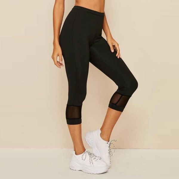 

women's leggings women hollow out splice fitness workout cropped pants trousers jeggings female anti cellulite, Black