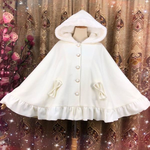 

women's wool & blends oeing girls, lolita, blend, ears, hood, cape riffle, bow tie, role play, cute, sweet coat, cape, long halloween, Black