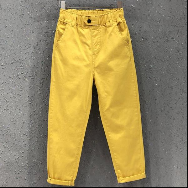 

summer harem elastic waist womens pant cotton casual denim solid loose yellow white black jeans trousers female, Black;white