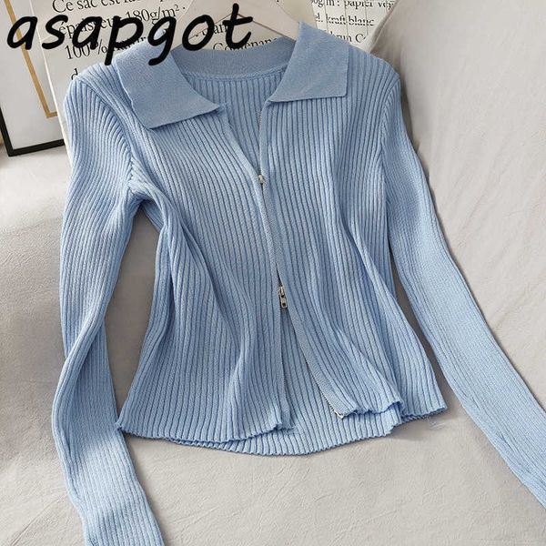 

asapgot women dual zipper ribbed sweater shirt cropped knit cardigans 210610, White