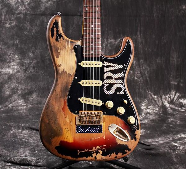 Masterbuilt Relic Stevie Ray Vaughan 3 Tone Sunburst SRV E-Gitarre, linkshändige Tremolo-Brücke, Korpus aus Erle, Vintage-Mechaniken, goldene Hardware