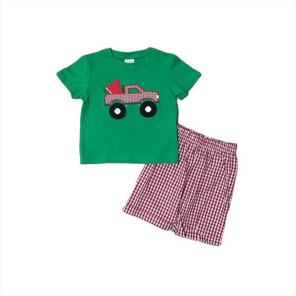 

baby boys shorts set boutique 2 pieces truck watermelon red woven plaid gingham children clothes kids clothing, White