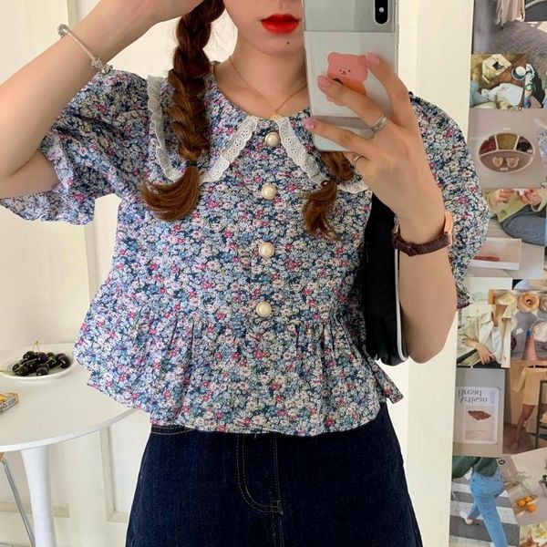 

women's t-shirt vintage y2k aesthetic short sleeve tshirts korean fashion cottagecore lace hem high waist floral summer clothes for wo, White