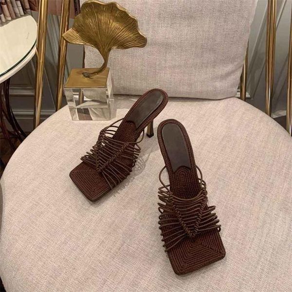 

sandals 2021 summer women square open toe slippers slim high heel shoes runway openwork mules beach, Black