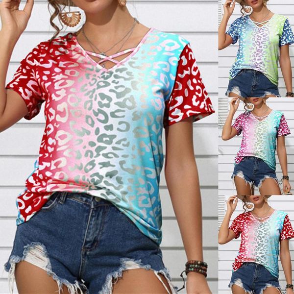 

women's t-shirt casual short sleeve gradient print tees v neck clothing spring summer ladies 2021 bandage, White