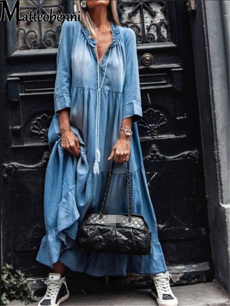 

casual dresses women's lace denim dress, retro, fashion, party, maxi, street clothes, uniform color, loose, fall 2021 series, Black;gray
