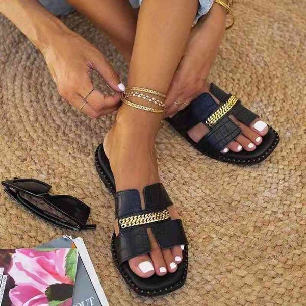 

official website 70% off outlet classic designer new women flat flip flops double chain sandal slippers shoes lady flats sandals woman, Black