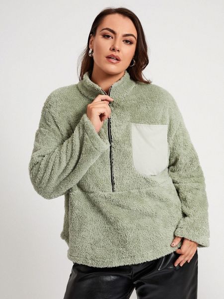 

plus pocket front drop shoulder half zip flannel pullover 00k1#, Black