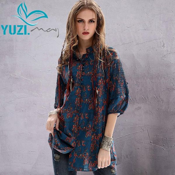 

women's blouses & shirts 2021 summer yuzi women cotton blouse vintage stand collar three quarter sleeve flower print linen b9519 blusas, White