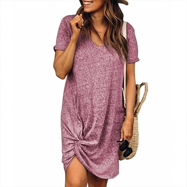 

50%casual solid color women dress short sleeve v neck irregular knot hem loose, Black;gray