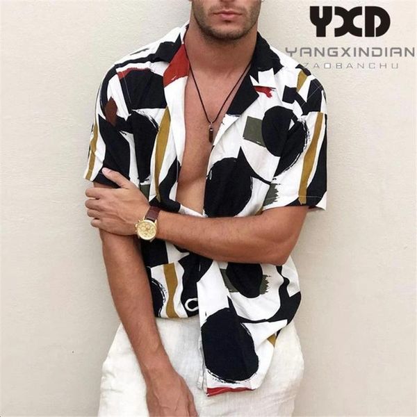 

gometric print men shirt american style short sleeve breathable hawaiian shirts for chic chemise 2021 stylish casual camisas men's, White;black
