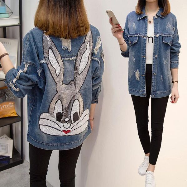 

women's jackets spring jacket cartoon denim loose lady streetwear long outwear quilted coats oversized casual jean, Black;brown