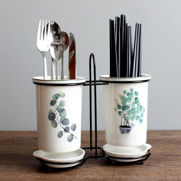 

storage bottles & jars white ceramic chopsticks tube set suitable for kitchenware drain rack deskchopstick box cage kitchen tools