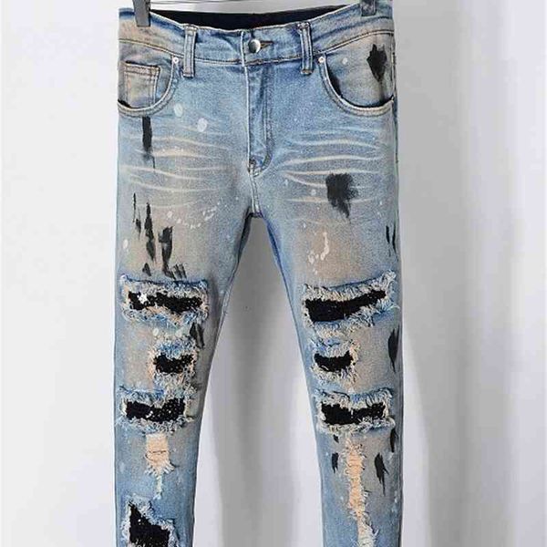 

men's jeans brand of vintage blue jeans men hip hop torn thin hole patched washed man's jean patches 86nq