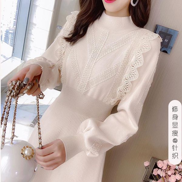 

fashion autumn winter knitted dress elegant women lantern sleeve o-neck white loose sweater vestido y278 casual dresses, Black;gray