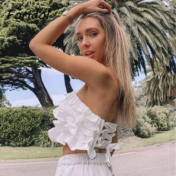

ruffled layered lace up off shoulder crop women white summer beach tube casual linen sleeveless 210415