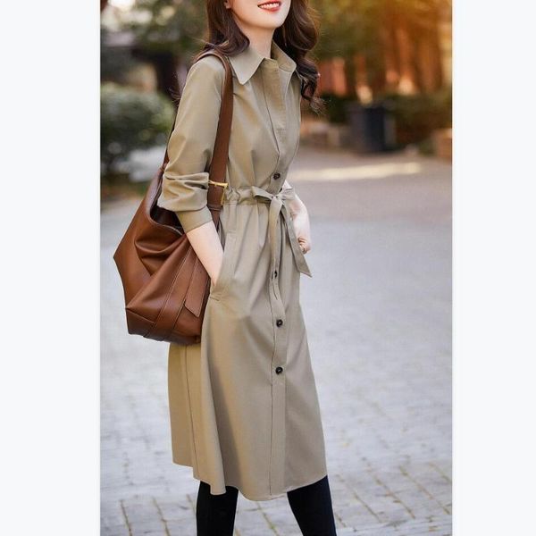 

women's trench coats thin windbreaker jacket dress mid-length 2021 spring and autumn all-match korean style simple casual trend, Tan;black