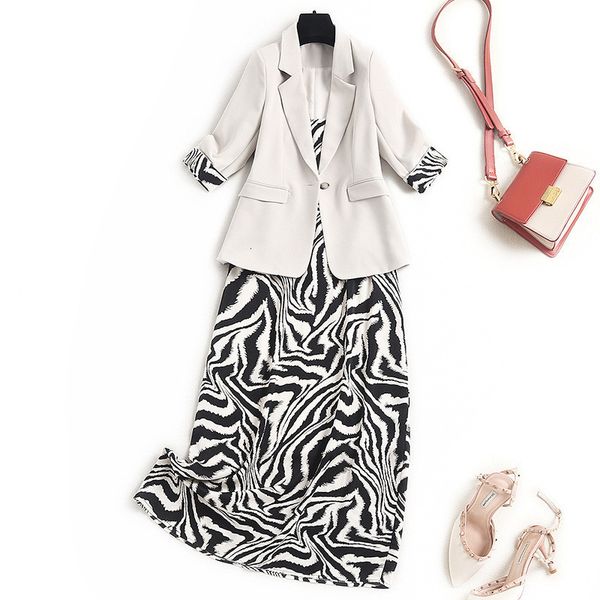 

two piece dress spring fashion designers clothes two elegant pieces engraved blazer and leopard print midi girdle dress office robes suits 1, White