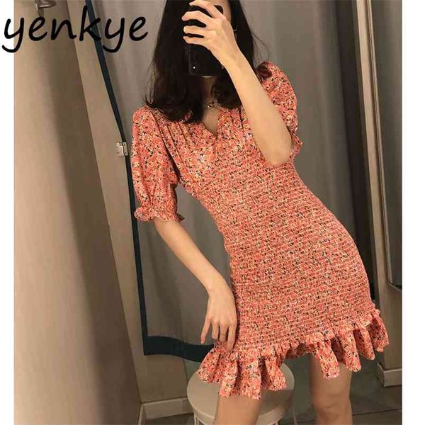 

floral print elastic dress women ruffle bodycon mini sweet lady v neck short sleeve high waist summer party vestido 210514, Black;gray