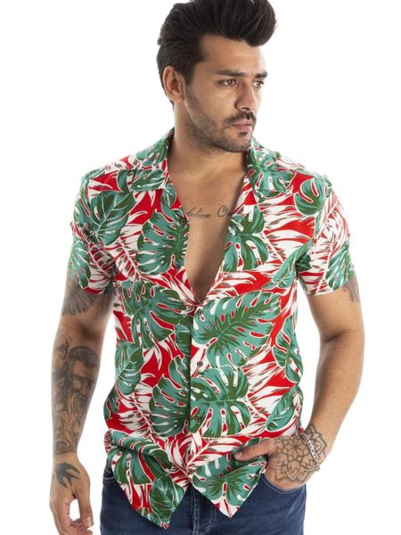 

men's casual shirts deepsea men leaf pattern 's short sleeve slim fit cotton lycra four seasons 2104047, White;black