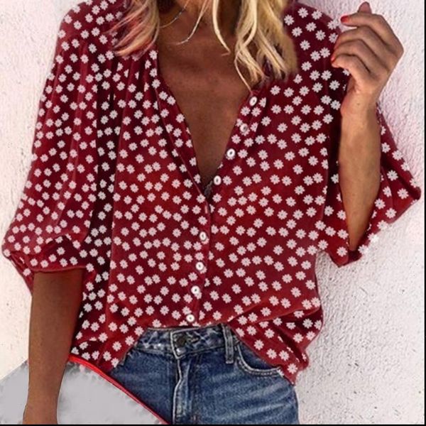 

floral print womens blouses v neck and with button size women clothing 2xl plus tunic shirt autumn, White