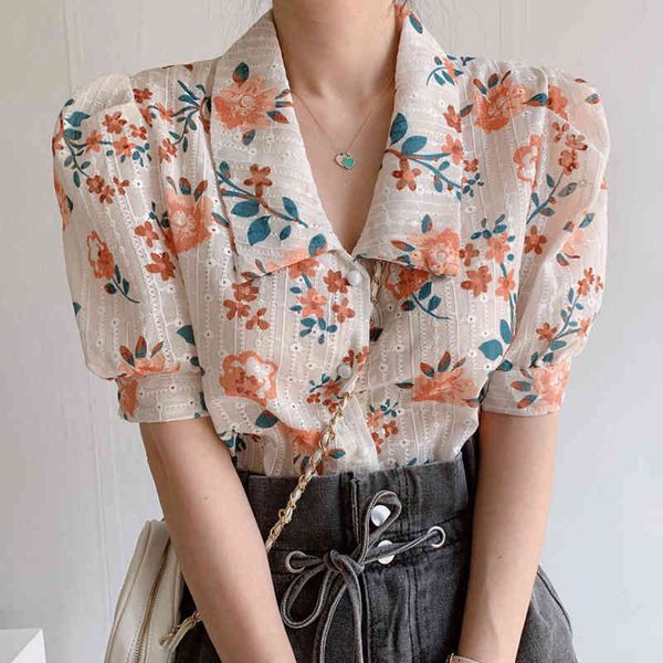 

women's knits & tees 2021 korea chic summer single-breasted embroidered hollow floral short-sleeved shirt blouse women hyz1, White